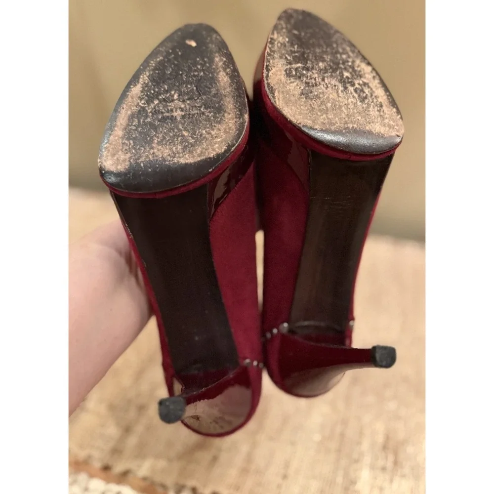 Stuart Weitzman Marse Suede Pump Platform Round Toe Slim Heel Stud Scarlet Red 8